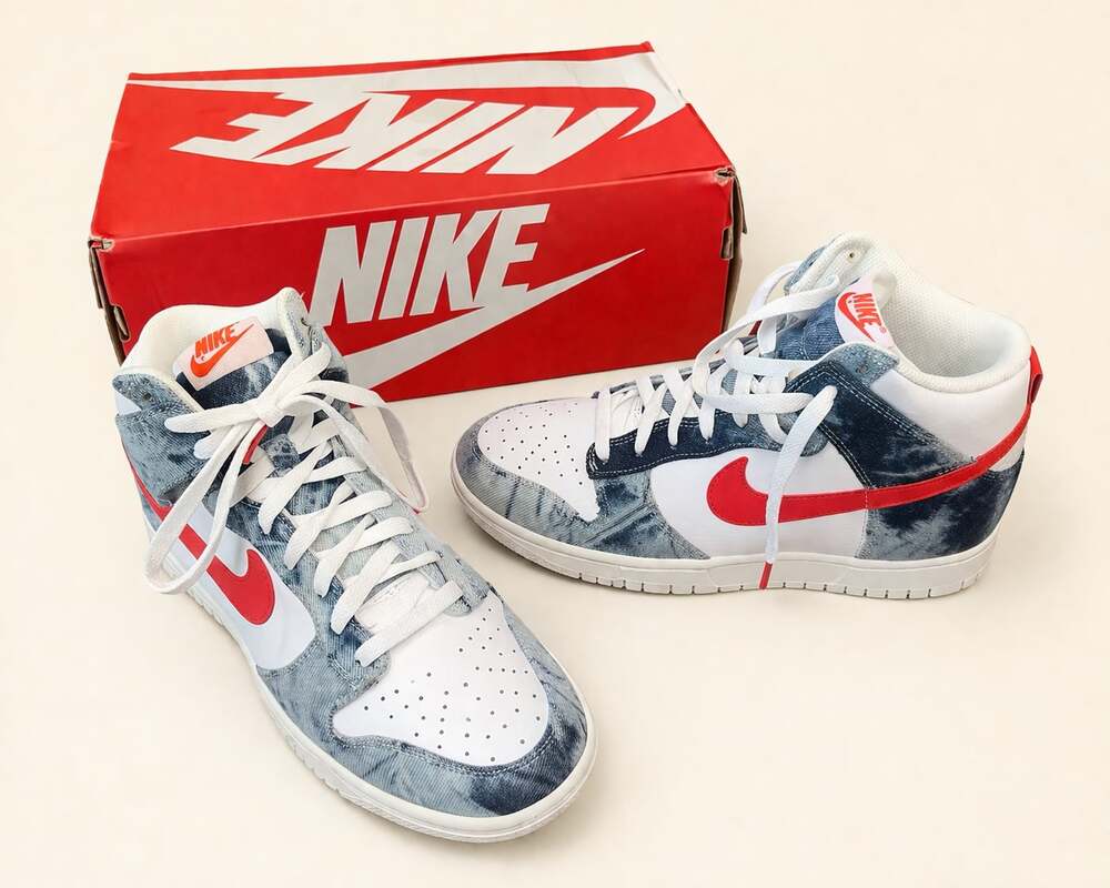 NIKE Dunk High Denim Red Swoosh Sneakers Womens 8.5 NEW WITH BOX Y2K Streetwear